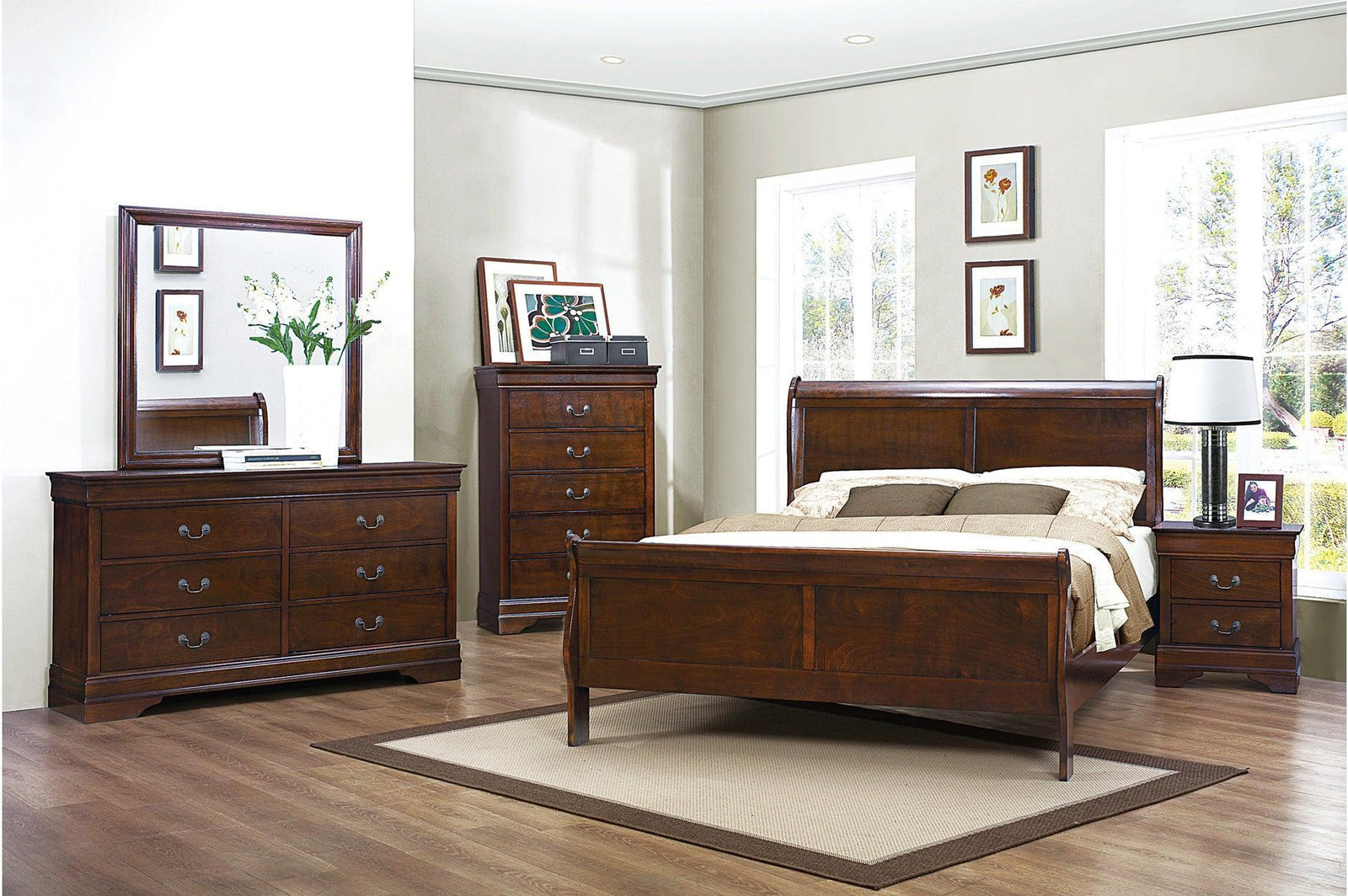 Mayville Burnished Brown Cherry Modern Traditional Solid Wood Panel Bedroom Set - Ella Furniture