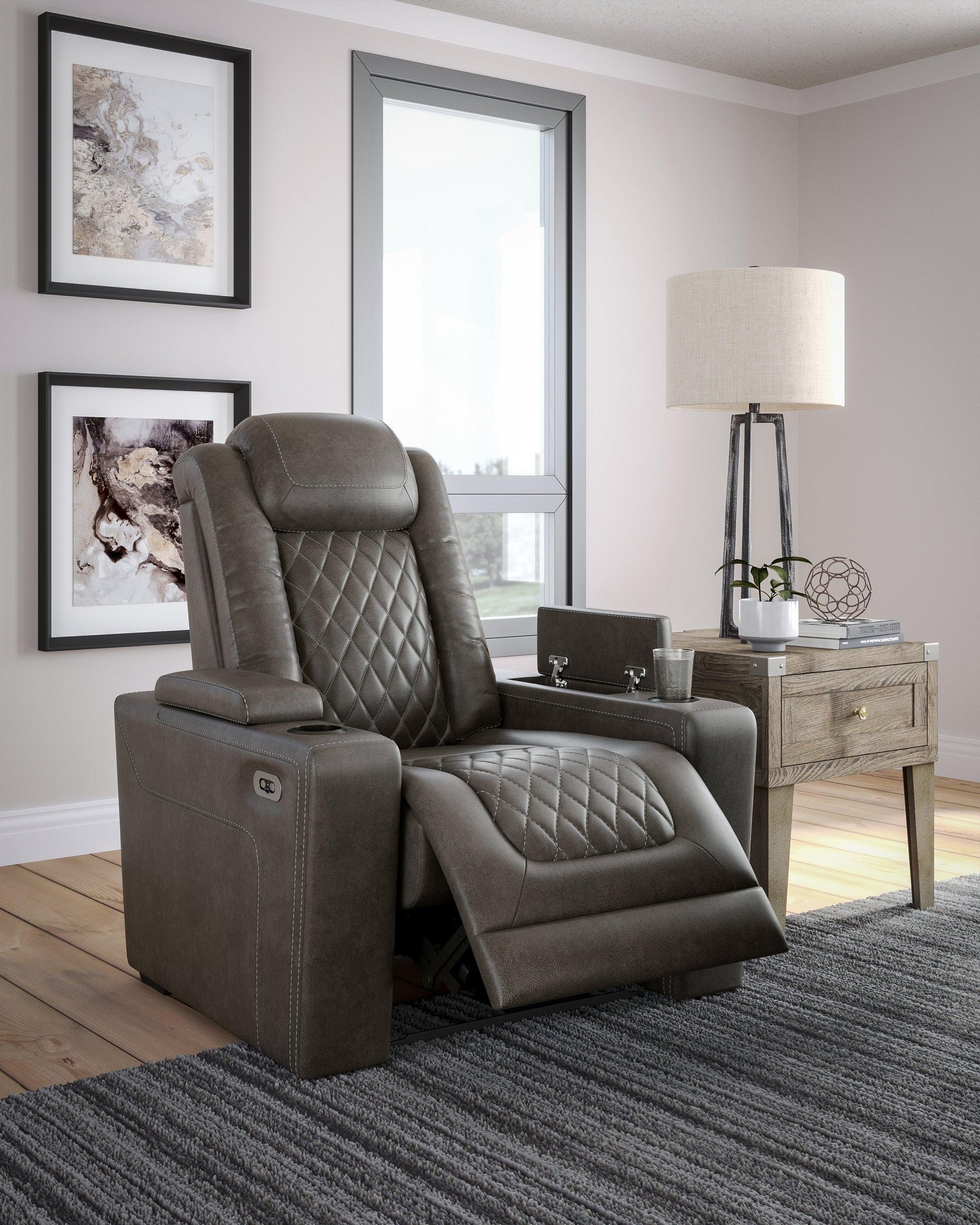 Hyllmont Gray Faux Leather Recliner - Ella Furniture