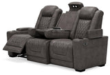 Hyllmont Gray Faux Leather Power Reclining Sofa - Ella Furniture