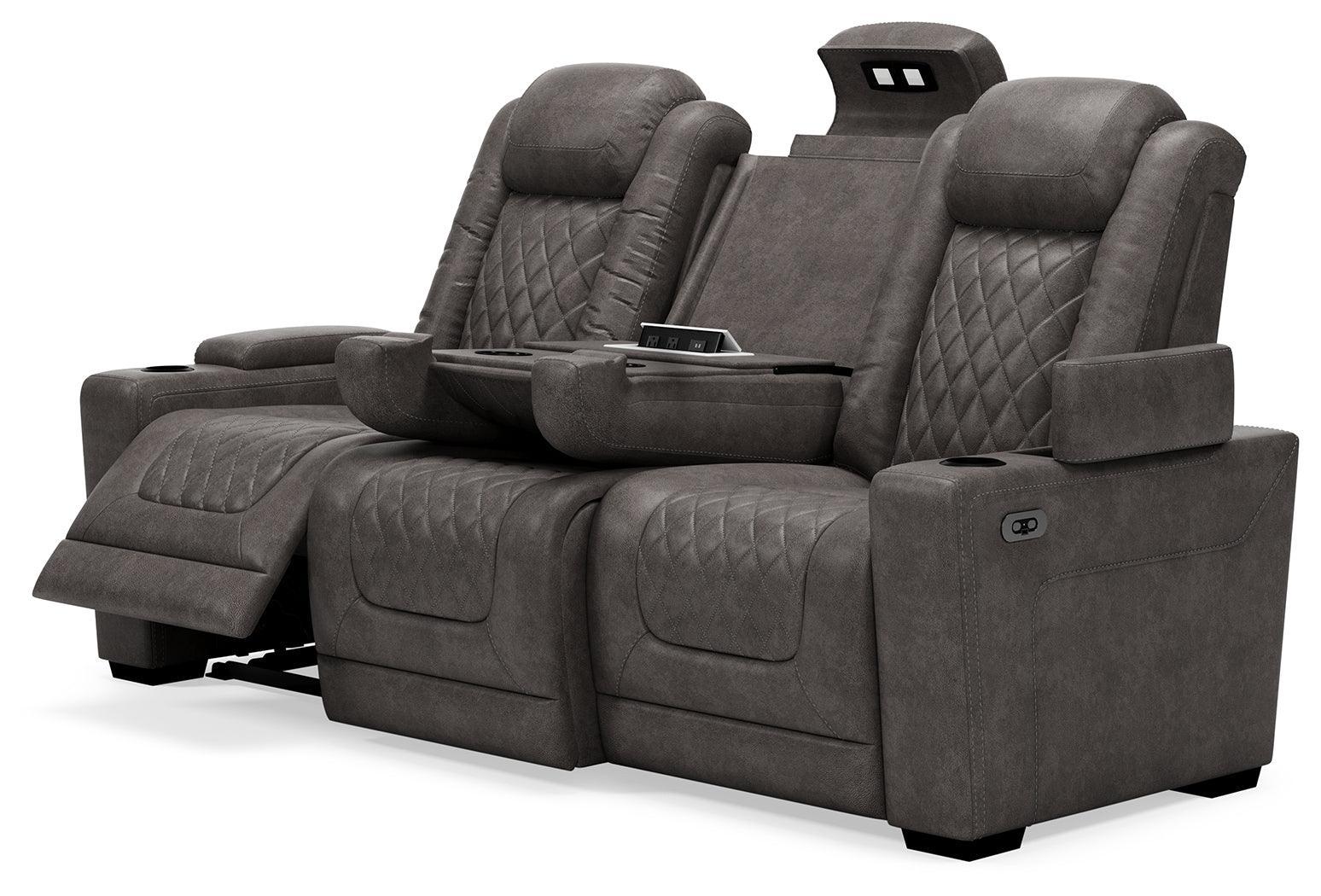 Hyllmont Gray Faux Leather Power Reclining Sofa - Ella Furniture
