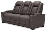 Hyllmont Gray Faux Leather Power Reclining Sofa - Ella Furniture