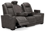 Hyllmont Gray Faux Leather Power Reclining Sofa - Ella Furniture