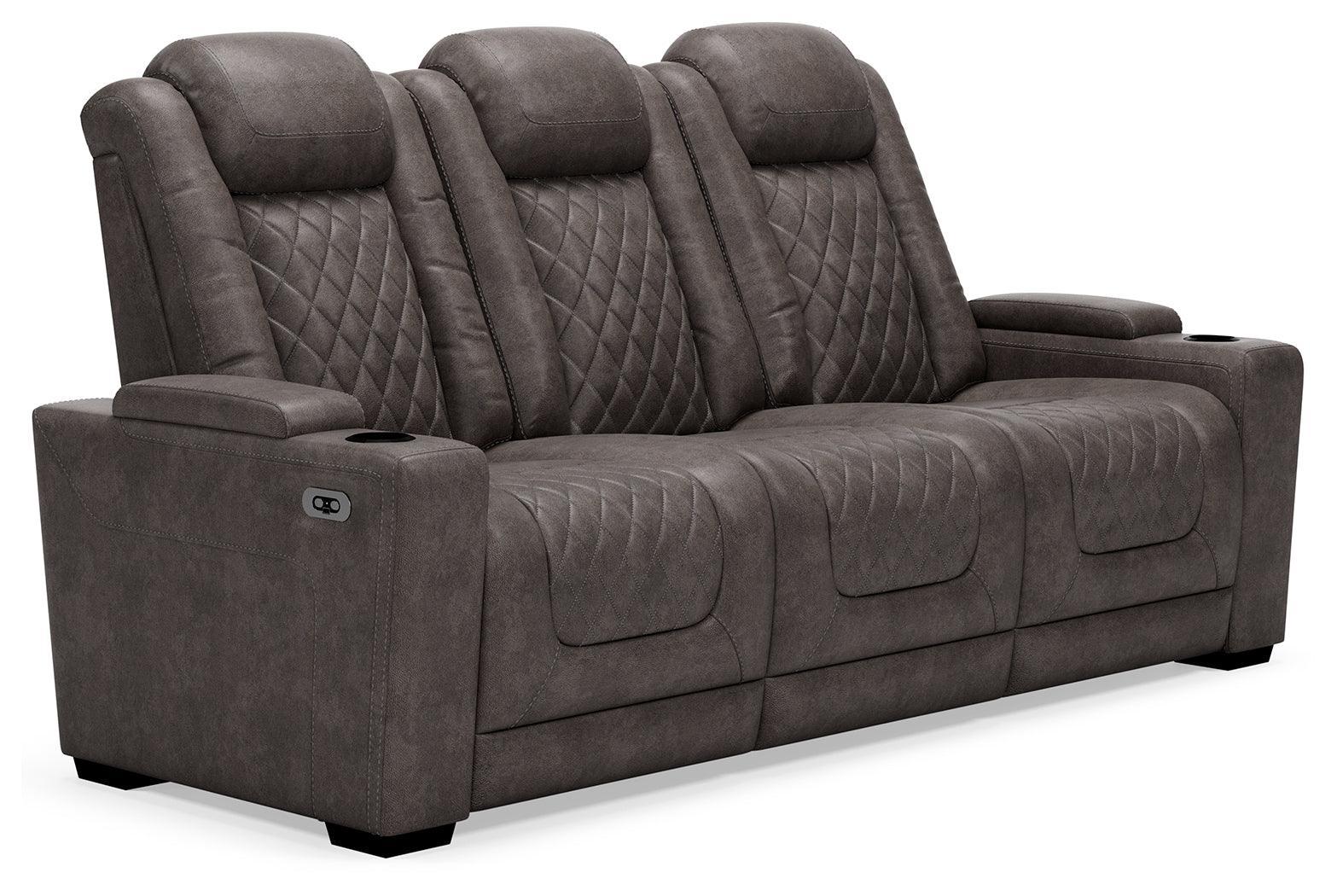 Hyllmont Gray Faux Leather Power Reclining Sofa - Ella Furniture