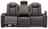 Hyllmont Gray Faux Leather Power Reclining Sofa - Ella Furniture