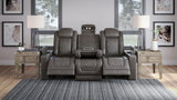 Hyllmont Gray Faux Leather Power Reclining Sofa - Ella Furniture