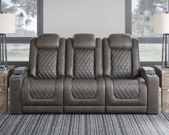 Hyllmont Gray Faux Leather Power Reclining Sofa - Ella Furniture