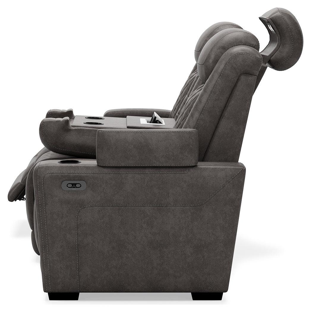 Hyllmont Gray Faux Leather Power Reclining Sofa - Ella Furniture