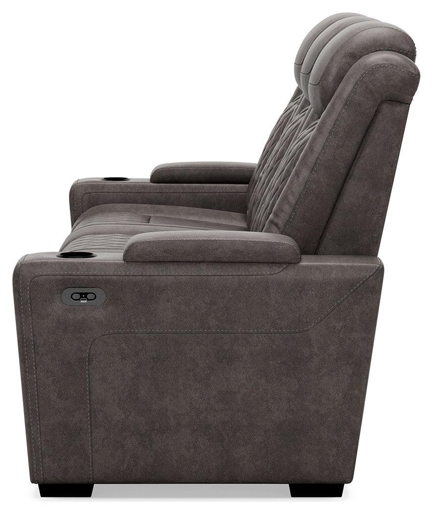 Hyllmont Gray Faux Leather Power Reclining Sofa - Ella Furniture