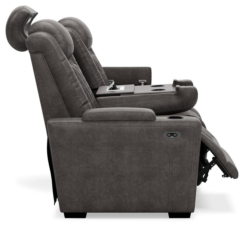 Hyllmont Gray Faux Leather Power Reclining Sofa - Ella Furniture