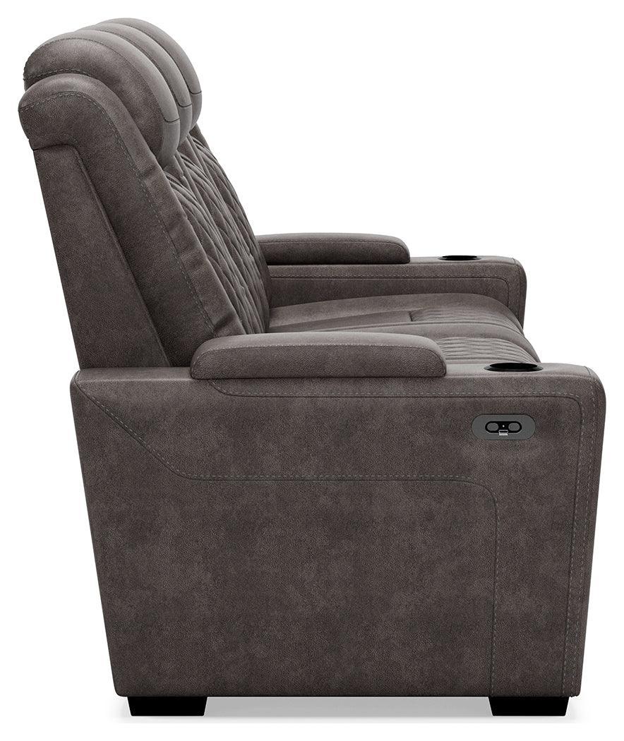 Hyllmont Gray Faux Leather Power Reclining Sofa - Ella Furniture