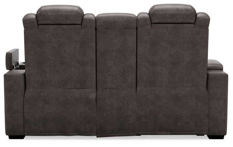 Hyllmont Gray Faux Leather Power Reclining Loveseat With Console - Ella Furniture
