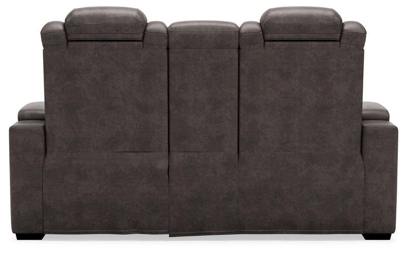 Hyllmont Gray Faux Leather Power Reclining Loveseat With Console