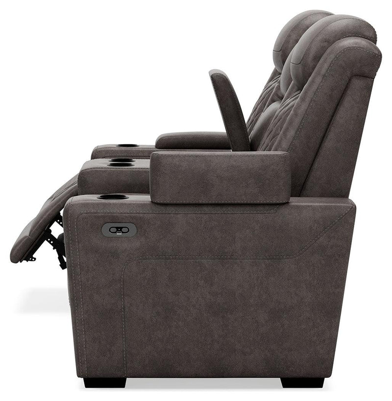 Hyllmont Gray Faux Leather Power Reclining Loveseat With Console - Ella Furniture