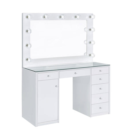 Percy 7-Drawer Glass Top Vanity Desk With Lighting White - Ella Furniture