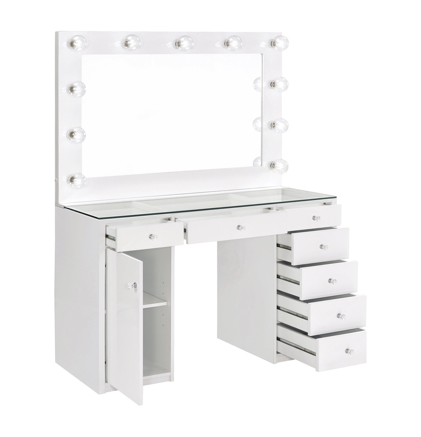 Percy 7-Drawer Glass Top Vanity Desk With Lighting White - Ella Furniture