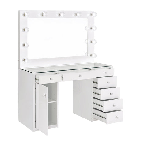 Percy 7-Drawer Glass Top Vanity Desk With Lighting White - Ella Furniture