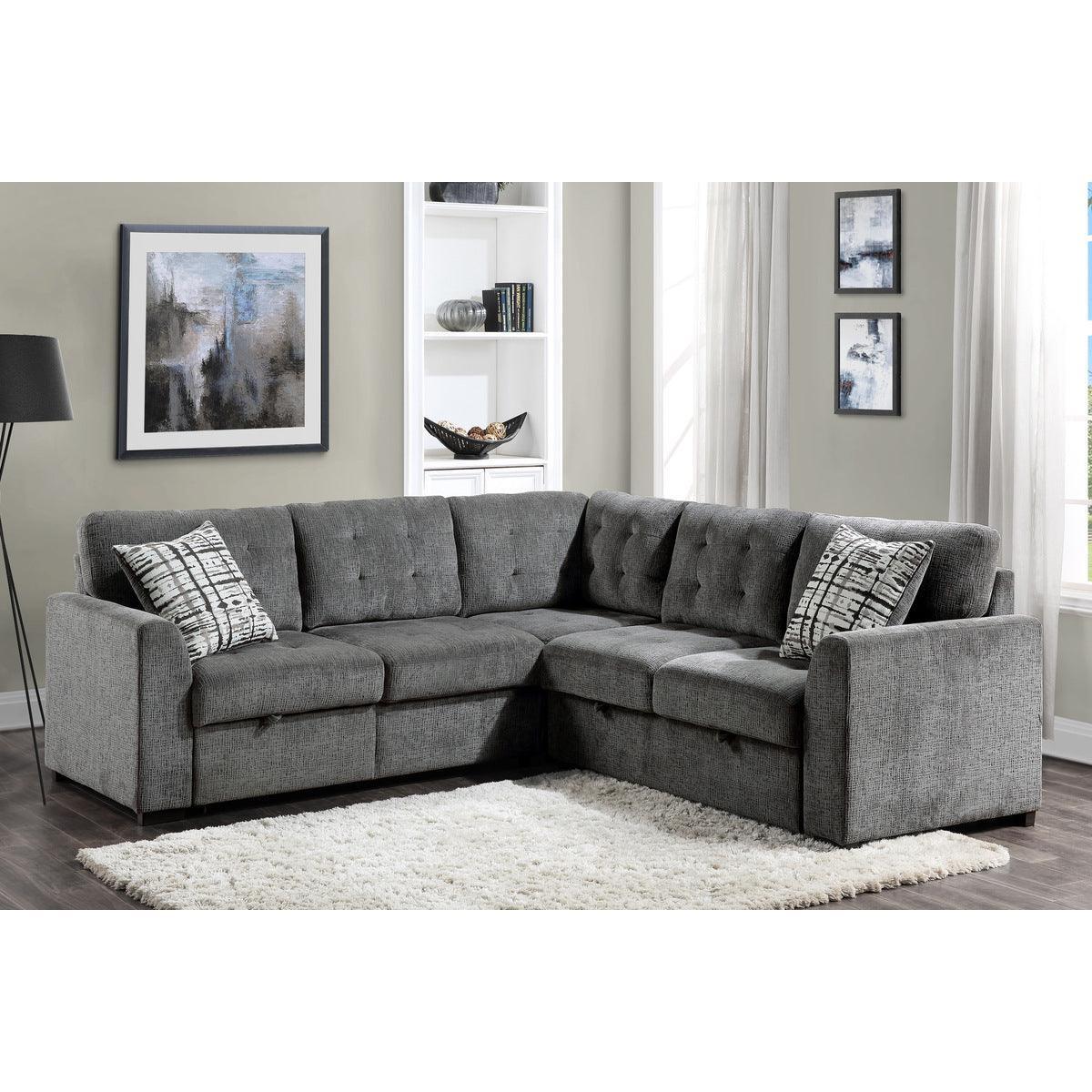 Lanning Gray Chenille Fabric Upholstery 3-Piece Sectional With Pull-out Bed And Pull-out Ottoman - Ella Furniture