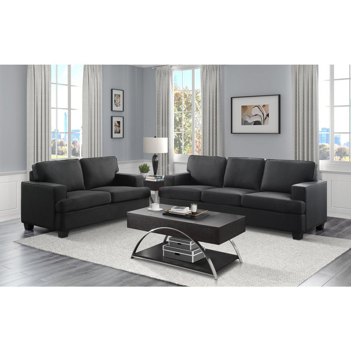 Elmont Black Transitional Solid Wood And Plywood Textured Fabric Upholstery Love Seat - Ella Furniture
