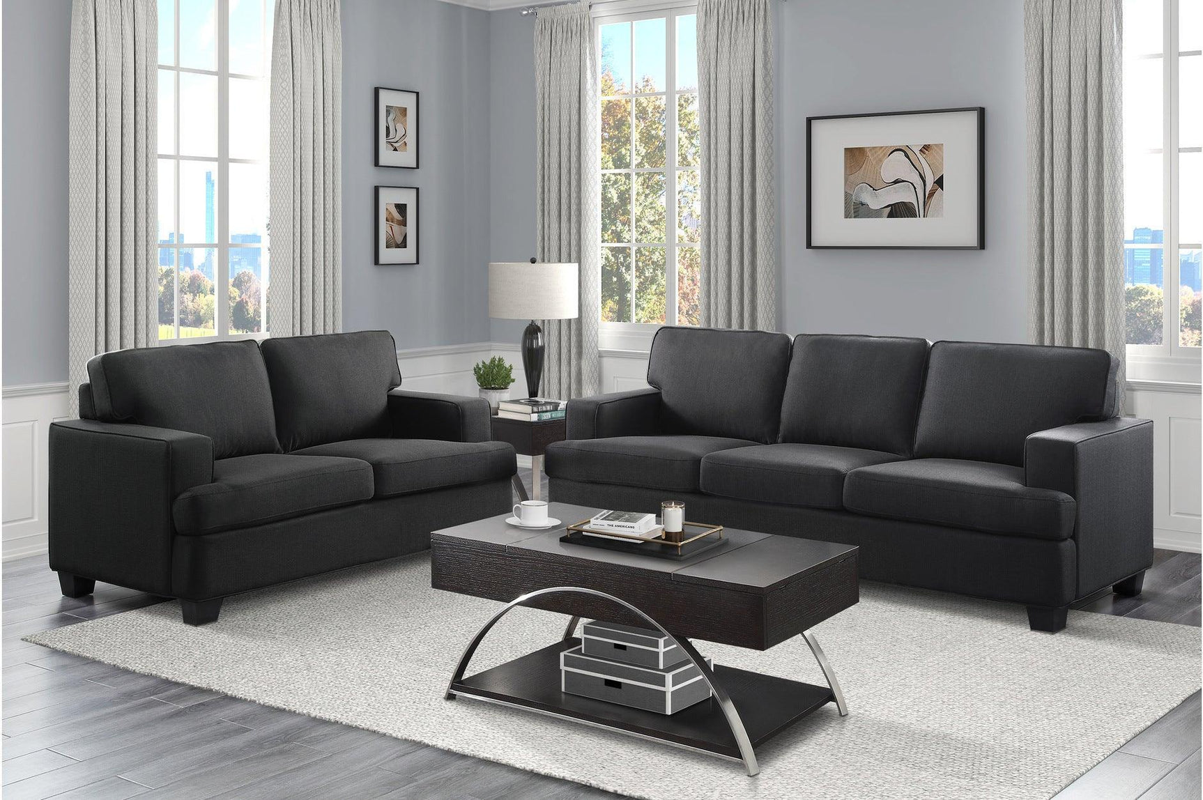 Elmont Black Solid Wood And Plywood Textured Fabric Upholstery 2Pc Set: Sofa, Love - Ella Furniture