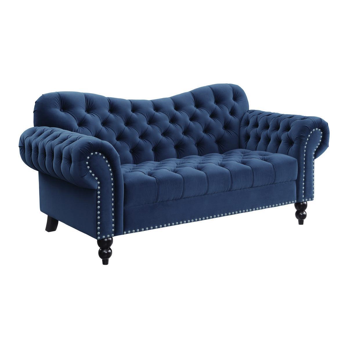 Rosalie Navy Blue Traditional Solid Wood And Plywood Velvet Fabric Upholstered Tufted Loveseat - Ella Furniture