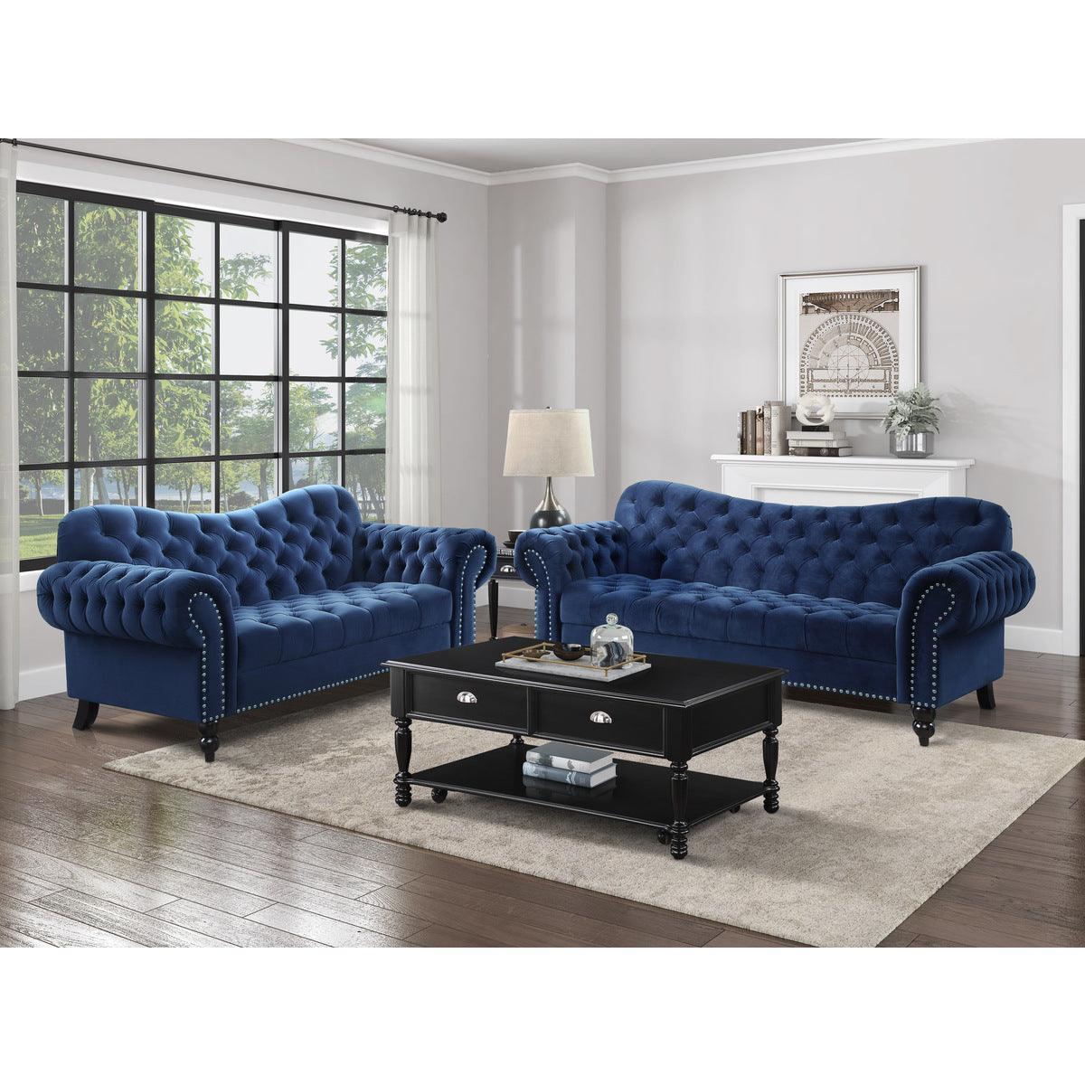 Rosalie Navy Blue Traditional Solid Wood And Plywood Velvet Fabric Upholstered Tufted Sofa - Ella Furniture