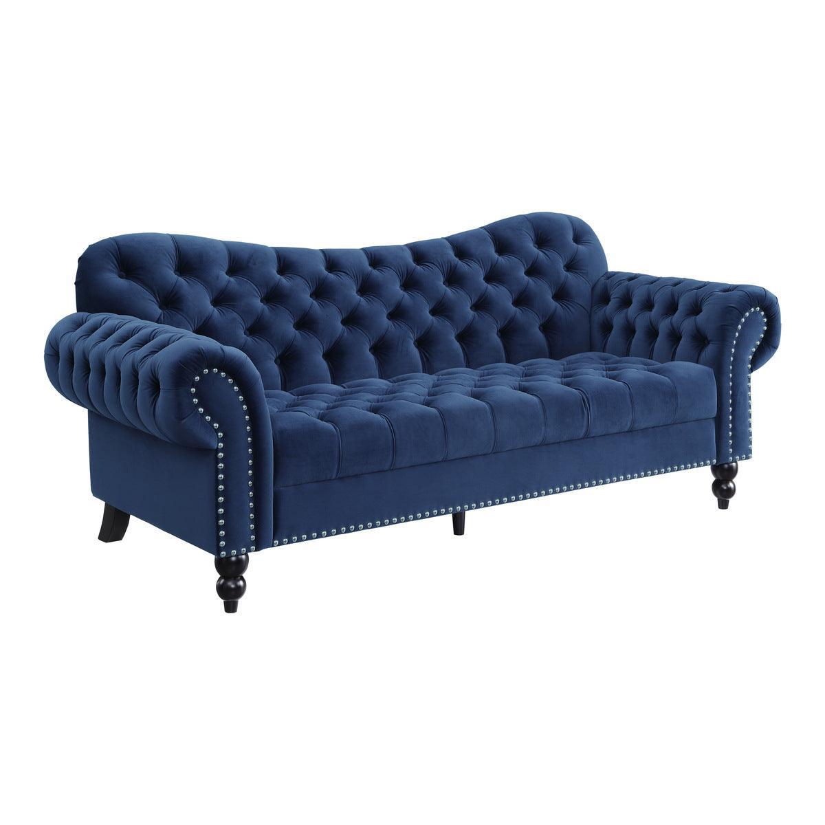 Rosalie Navy Blue Traditional Solid Wood And Plywood Velvet Fabric Upholstered Tufted Sofa - Ella Furniture