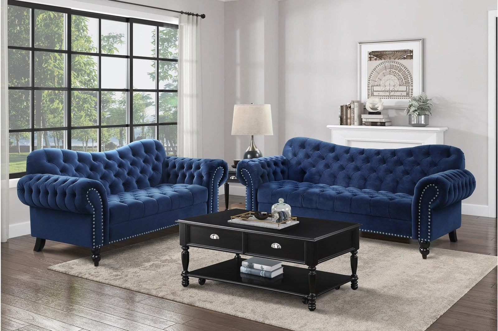 Rosalie Navy Modern Traditional Solid Wood Plywood Velvet Upholstery Tufted 2Pc Set: Sofa, Love - Ella Furniture