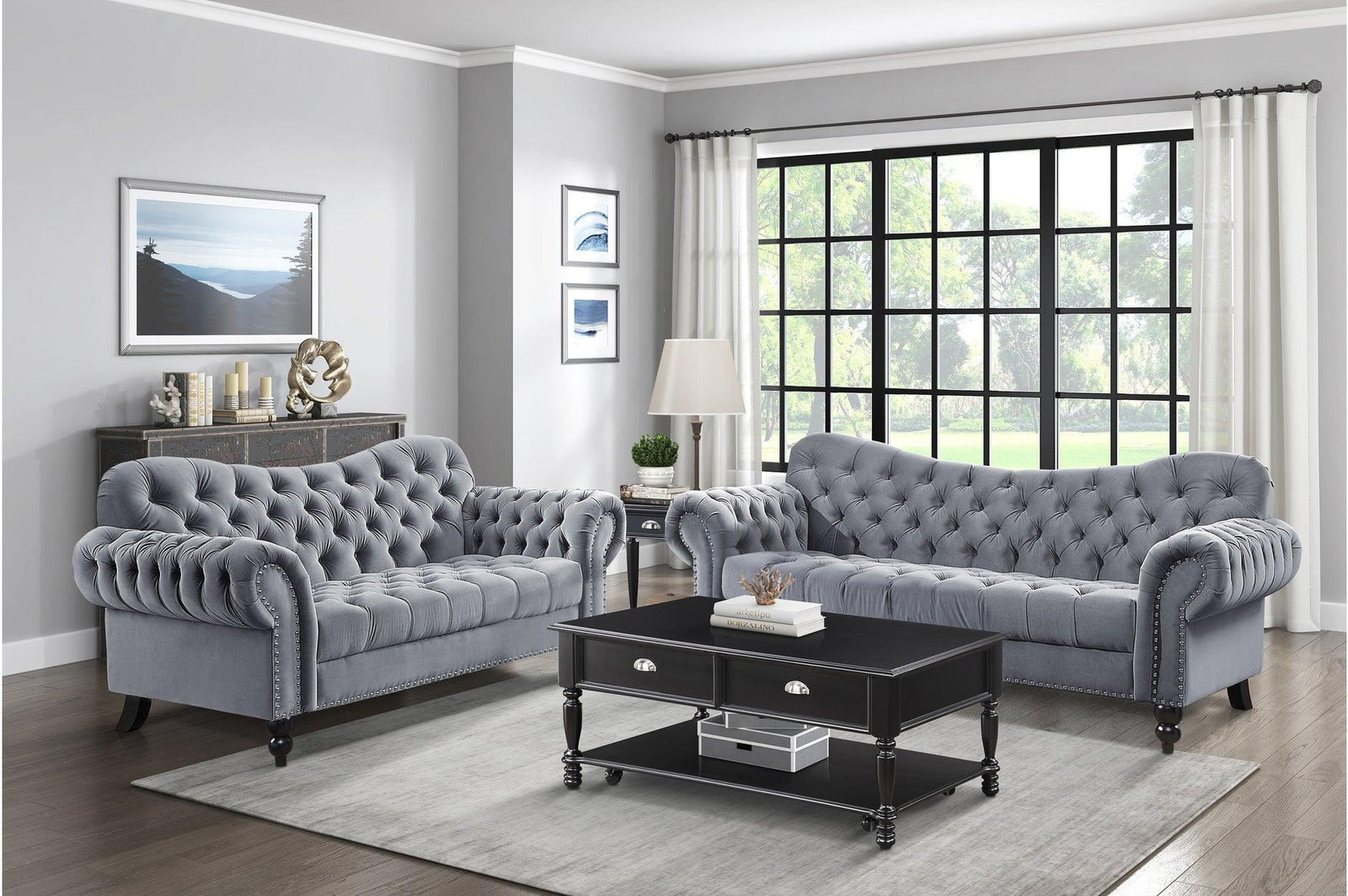 Rosalie Dark Gray Modern Traditional Solid Wood Plywood Velvet Tufted 2Pc Set: Sofa, Love - Ella Furniture