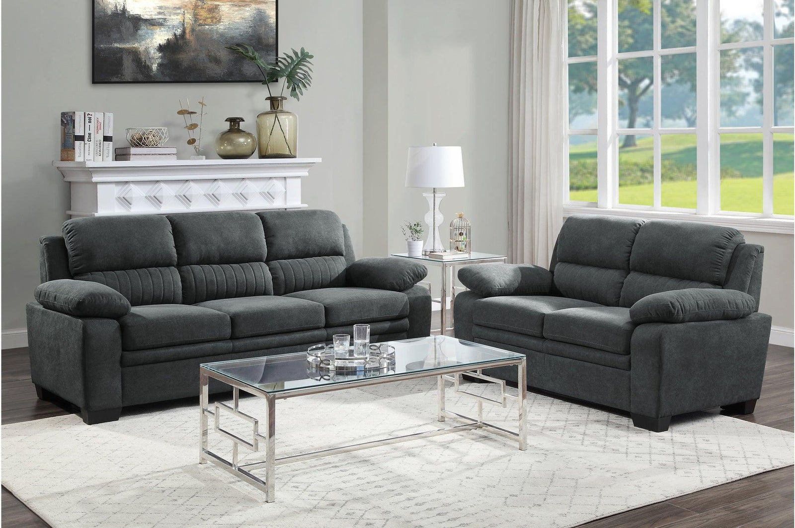 Holleman Dark Gray Solid Wood And Plywood Textured Fabric Upholstery 2Pc Set: Sofa, Love - Ella Furniture