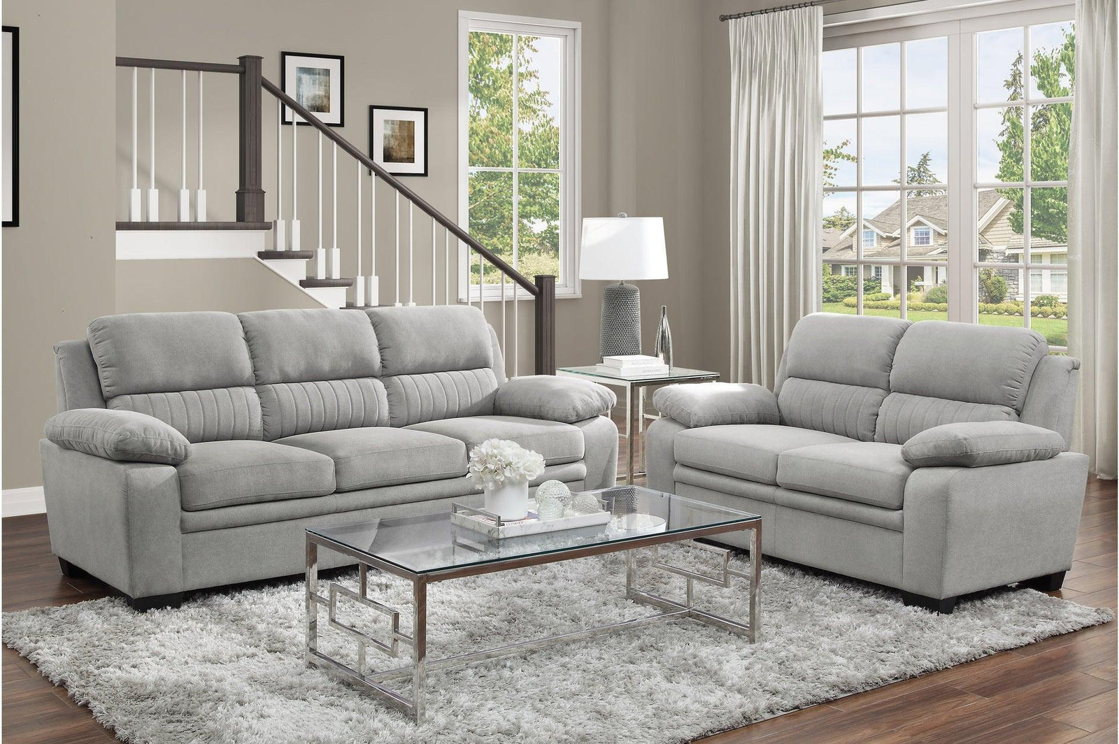 Holleman Gray Solid Wood And Plywood Textured Fabric Upholstery 2Pc Set: Sofa, Love - Ella Furniture
