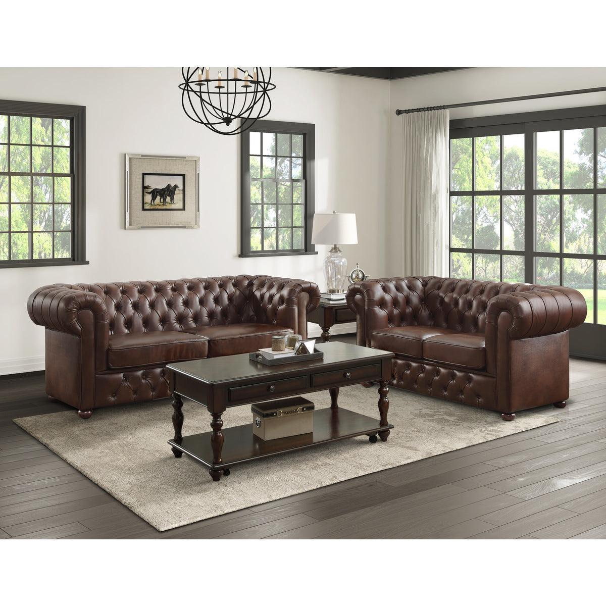 Tiverton Brown Modern Traditional Solid Wood And Plywood Faux Leather Upholstered Tufted Loveseat - Ella Furniture