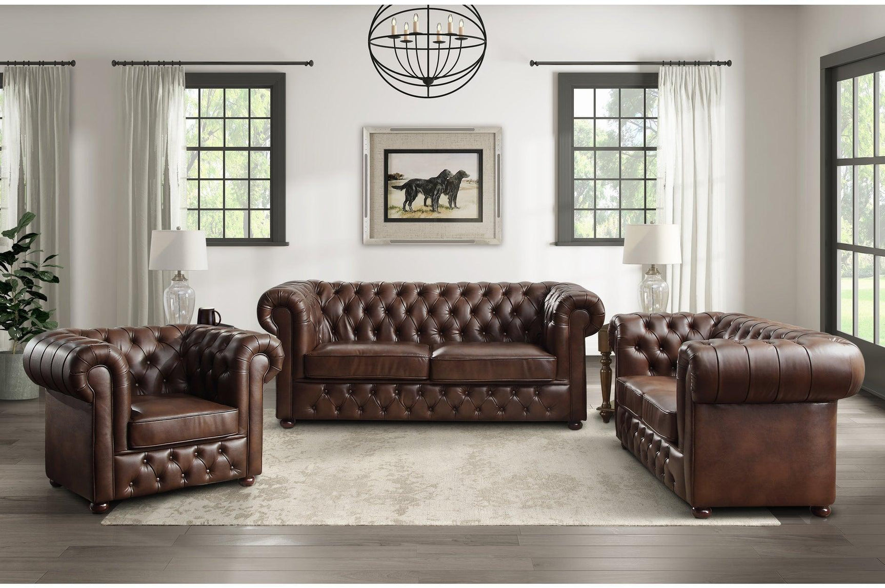 Tiverton Brown Solid Wood Plywood Breathable Faux Leather Upholstery Tufted 2Pc Set: Sofa, Love - Ella Furniture