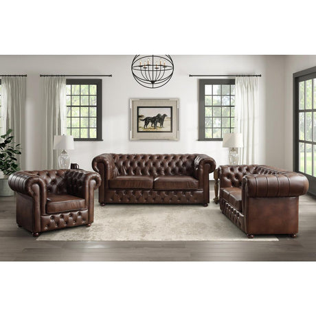 Tiverton Brown Modern Traditional Solid Wood And Plywood Faux Leather Upholstered Tufted Loveseat - Ella Furniture