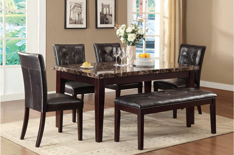Teague Espresso Faux Leather Upholstered Tufted Seat Faux Marble Top Rectangular Dining Room Set - Ella Furniture