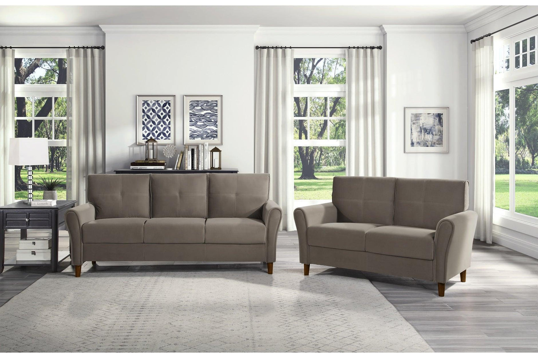Dunleith Brown Solid Wood And Plywood Velvet Fabric Upholstery Tufted 2Pc Set: Sofa, Love - Ella Furniture