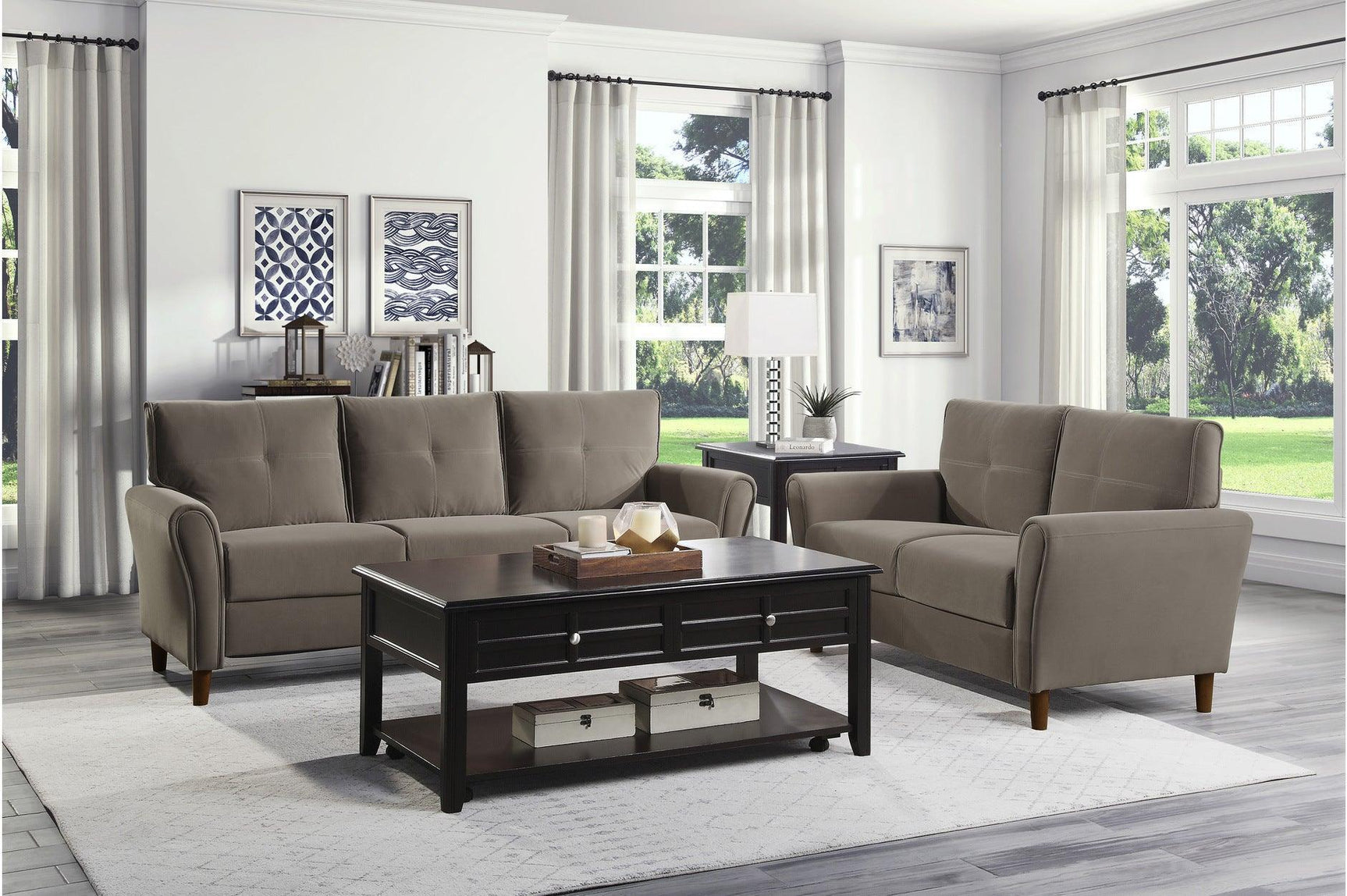 Dunleith Brown Solid Wood And Plywood Velvet Fabric Upholstery Tufted 2Pc Set: Sofa, Love - Ella Furniture