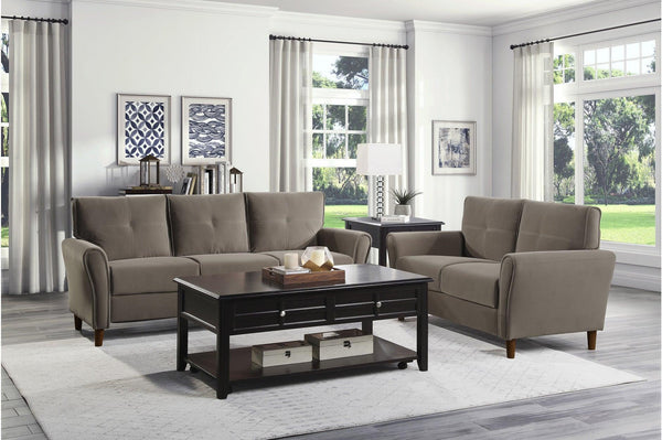 Dunleith Brown Solid Wood And Plywood Velvet Fabric Upholstery Tufted 2Pc Set: Sofa, Love - Ella Furniture
