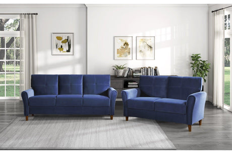 Dunleith Blue Solid Wood And Plywood Velvet Fabric Upholstery Tufted 2Pc Set: Sofa, Love - Ella Furniture