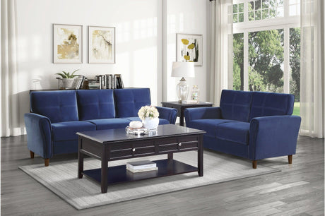 Dunleith Blue Solid Wood And Plywood Velvet Fabric Upholstery Tufted 2Pc Set: Sofa, Love - Ella Furniture