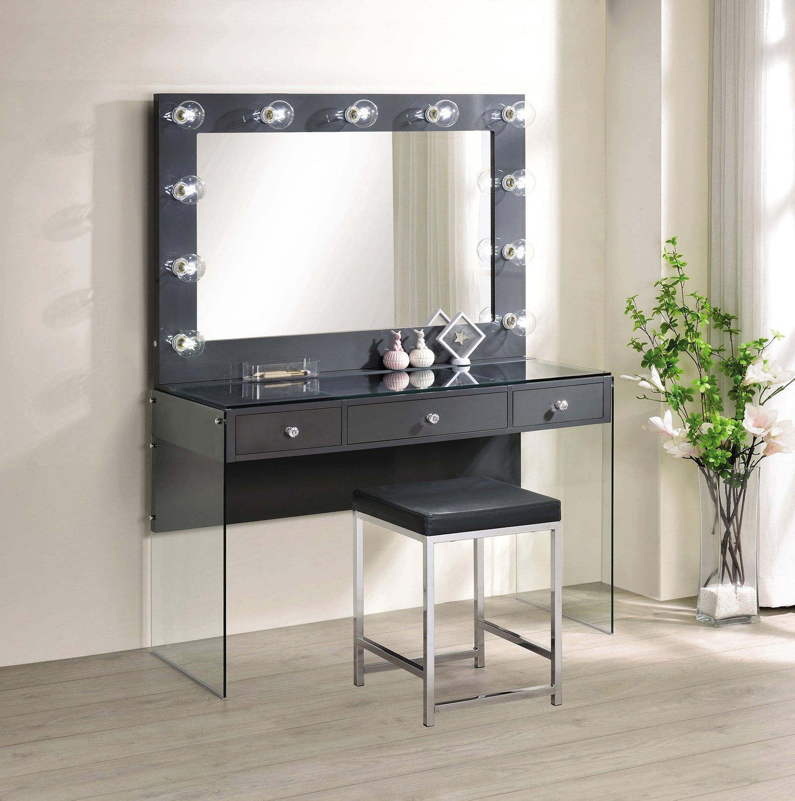 Afshan 3-Drawer Vanity Desk With Lighting Mirror Grey High Gloss - Ella Furniture