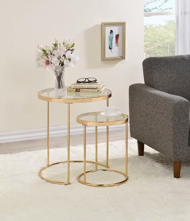 Maylin 2-Piece Round Glass Top Nesting Tables Gold - Ella Furniture