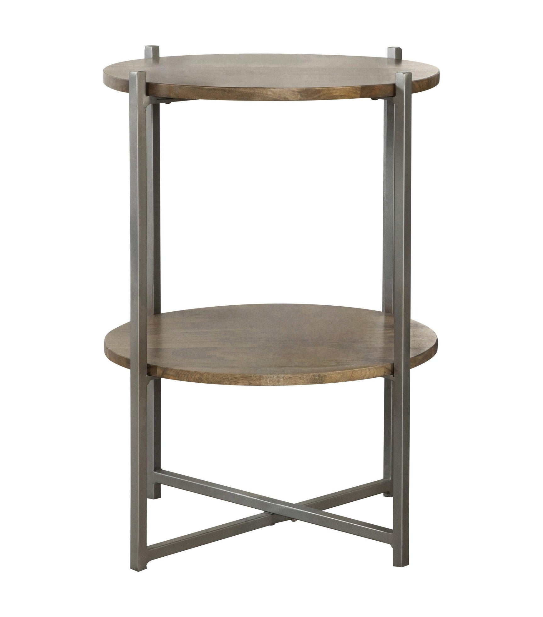 Axel Round Accent Table With Open Shelf Natural And Gunmetal - Ella Furniture