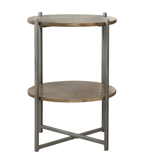 Axel Round Accent Table With Open Shelf Natural And Gunmetal - Ella Furniture