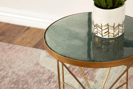 Eliska Round Accent Table With Marble Top Green And Antique Gold - Ella Furniture