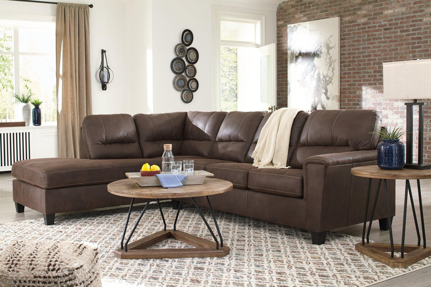 Navi Chestnut Faux Leather 2-Piece Sleeper Sectional With Chaise 94003S3 - Ella Furniture