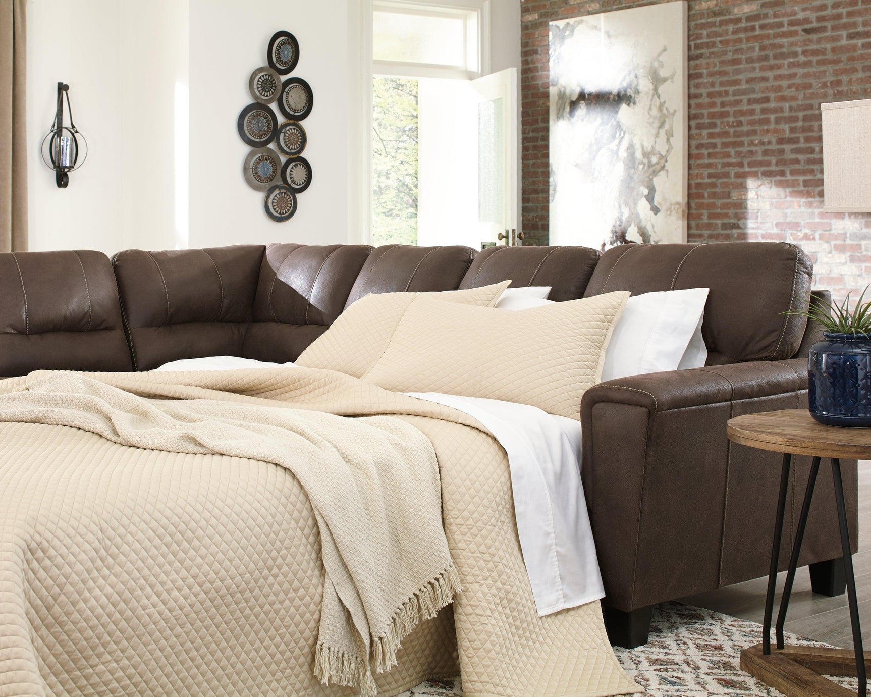 Navi Chestnut Faux Leather 2-Piece Sleeper Sectional With Chaise 94003S3 - Ella Furniture