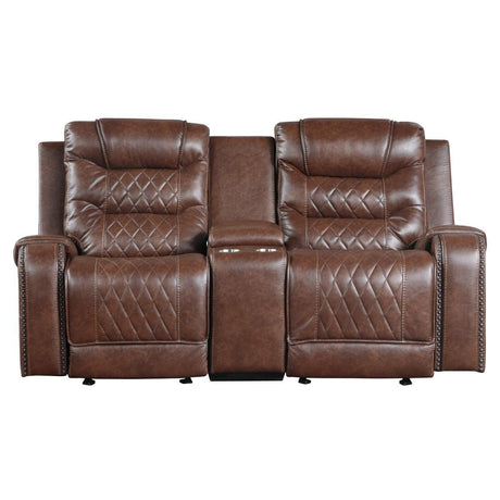 Putnam Brown Polished Microfiber Upholstery Double Glider Reclining Love Seat With Center Console - Ella Furniture