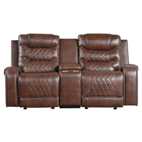 Putnam Brown Polished Microfiber Upholstery Double Glider Reclining Love Seat With Center Console - Ella Furniture