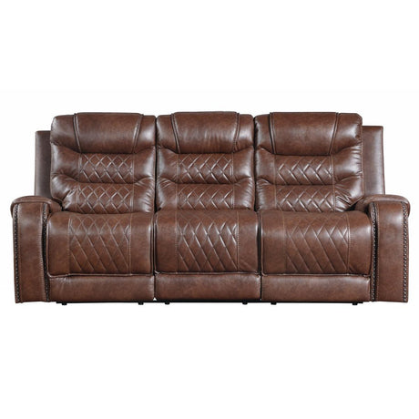 Putnam Brown Polished Microfiber Upholstery Double Reclining Sofa Center Drop-down Cup Holders - Ella Furniture