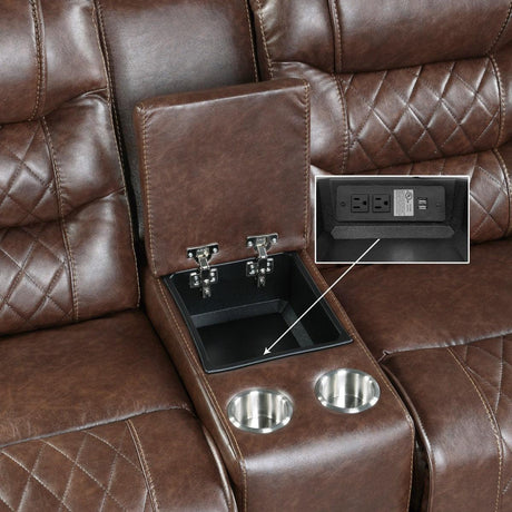 Putnam Brown Polished Microfiber Upholstery Double Glider Reclining Love Seat With Center Console - Ella Furniture